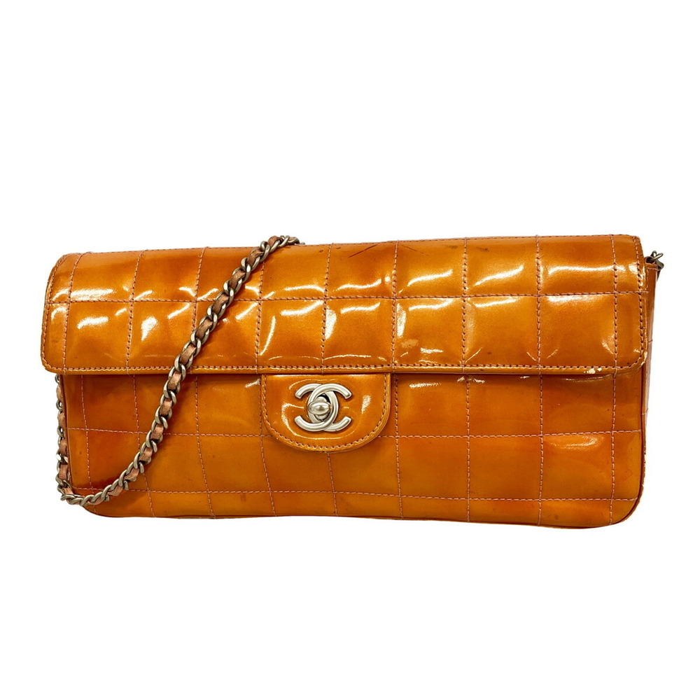 Chanel Chocolate Bar Chain Shoulder Bag, Patent Leather, Orange, Women's